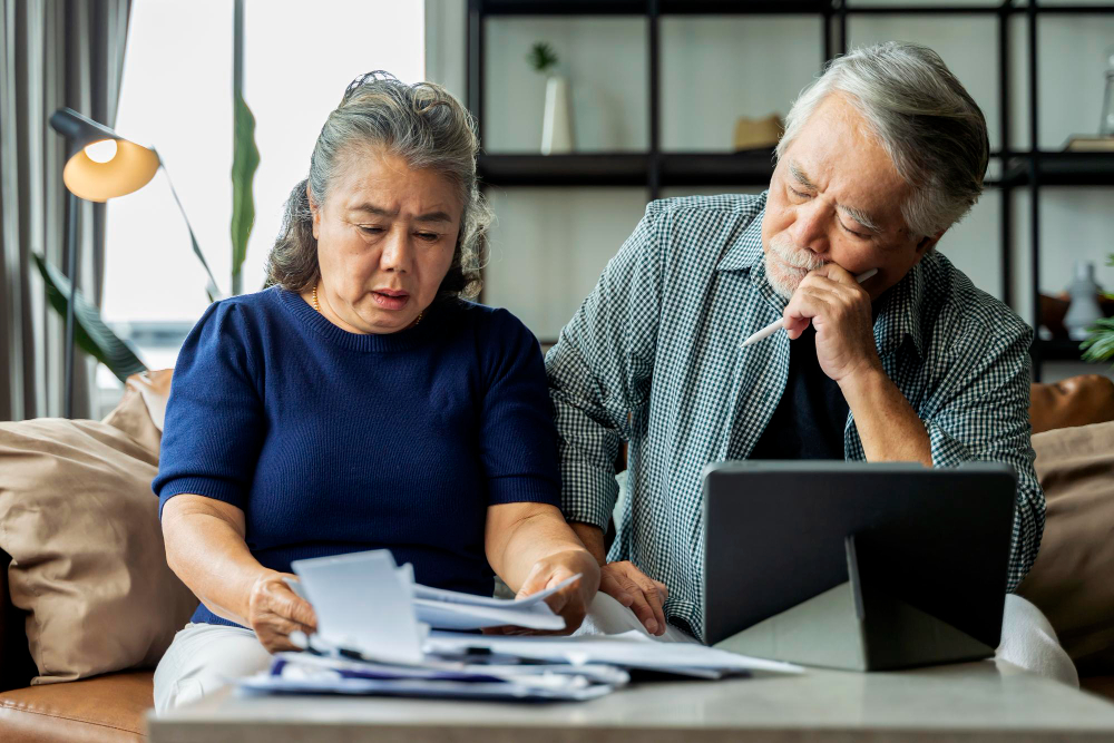 serious stressed asian senior old couple worried about bills discuss unpaid bank debt paper sad poor retired family looking tablet counting loan payment worry about money problem